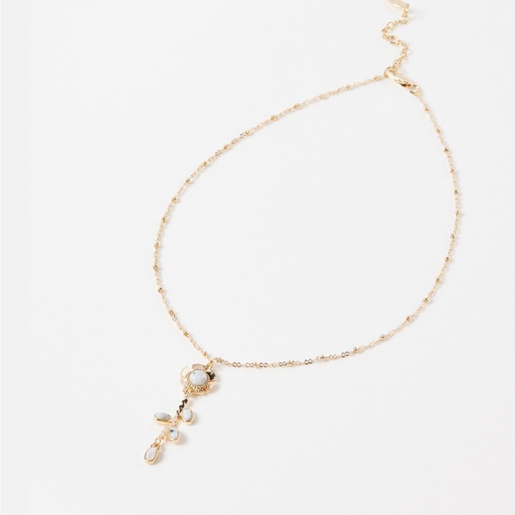 Oliver Bonas Ayla Stone & Chain Flower Drop Pendant Necklace - Picture 1 of 5